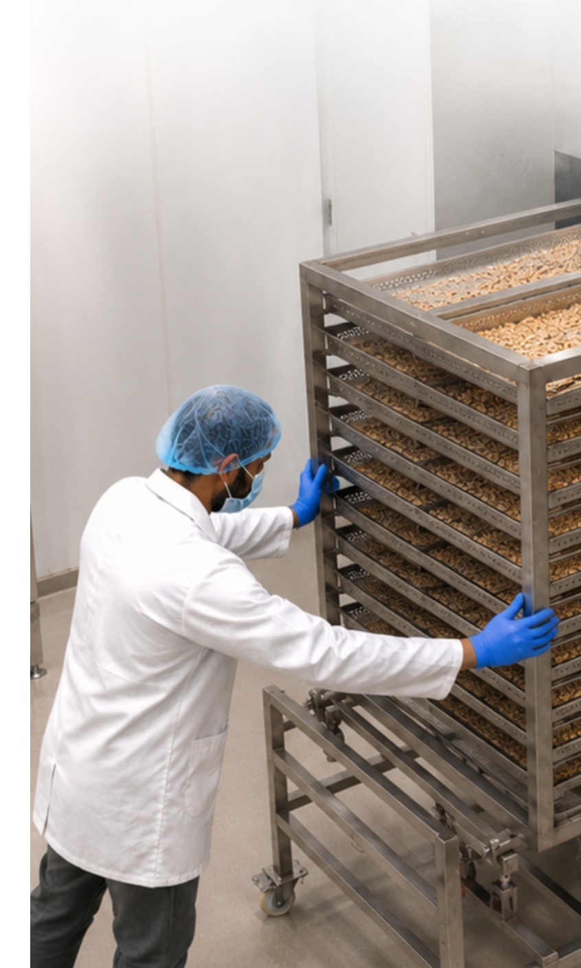Technician loading trays of organic material into Artham Agritech's steam sterilization unit